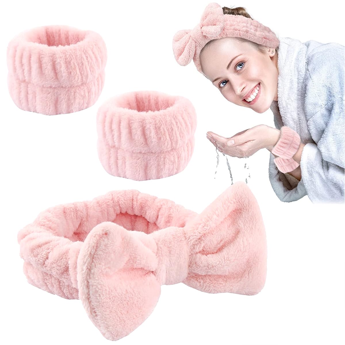 MAYCREATE Face Wash Headband & Wristband Set, Soft Stretchy Bowknot Headband for Women Girls, Flannel Super Absorbent Sweat Wrist Towel Band for Washing Face, Makeup, Yoga, Fitness (Pink) MAYCREATE Face Wash Headband & Wristband Set, Soft Stretchy Bowknot Headband for Women Girls, Flannel Super Absorbent Sweat Wrist Towel Band for Washing Face, Makeup, Yoga, Fitness (Pink)